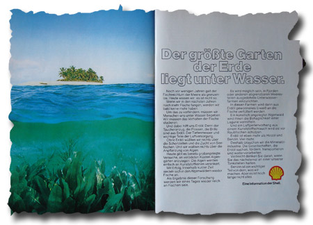 Ausriss einer Doppelseite, rechts viel Text, links das Foto einer Südseeinsel, im Vordergrund ist auch ein Stück Meeresgrund zu sehen
