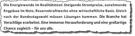 Die Energiewende im Realitätstest: Steigende Strompreise, zunehmende Engpässe im Netz, Reservekraftwerke ohne wirtschaftliche Basis. Gleich nach der Bundestagswahl müssen Lösungen kommen. Die Branche hat Vorschläge erarbeitet. Eine immense Herausforderung und eine großartige Chance zugleich - für uns alle.